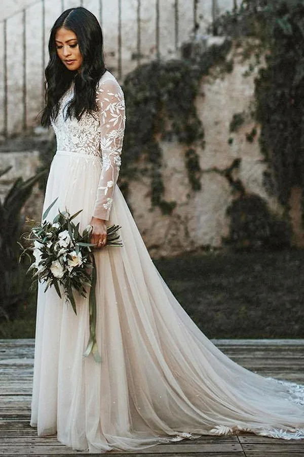 Daisda A-line Lace Long Sleeves Scoop Sweep Train Wedding Dress