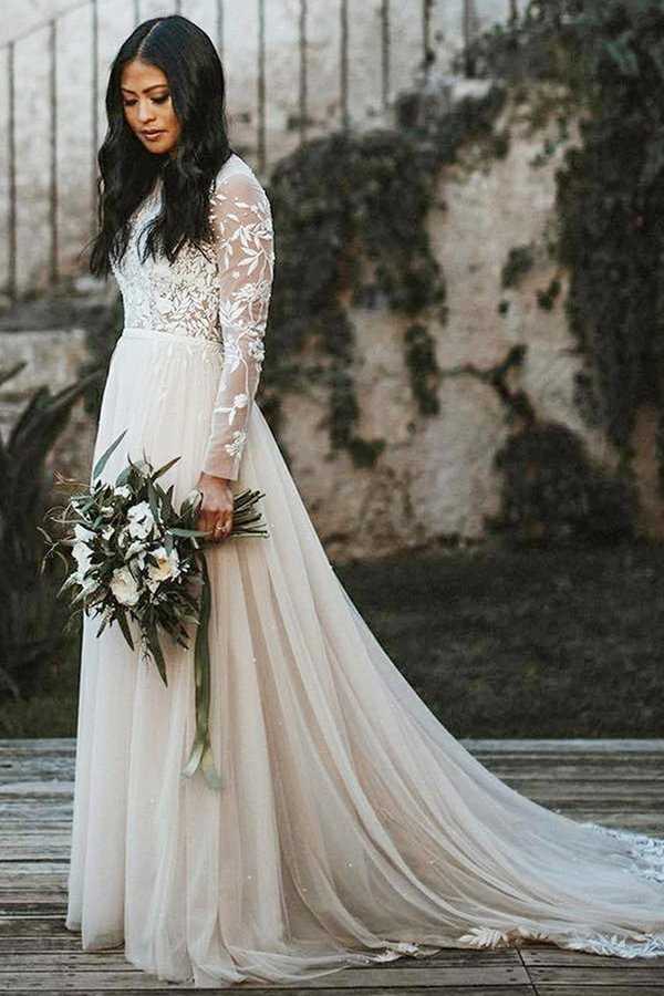 Luxury Lace Long Sleeves Scoop Sweep Train A-line Wedding Dress | Ballbellas Ballbellas