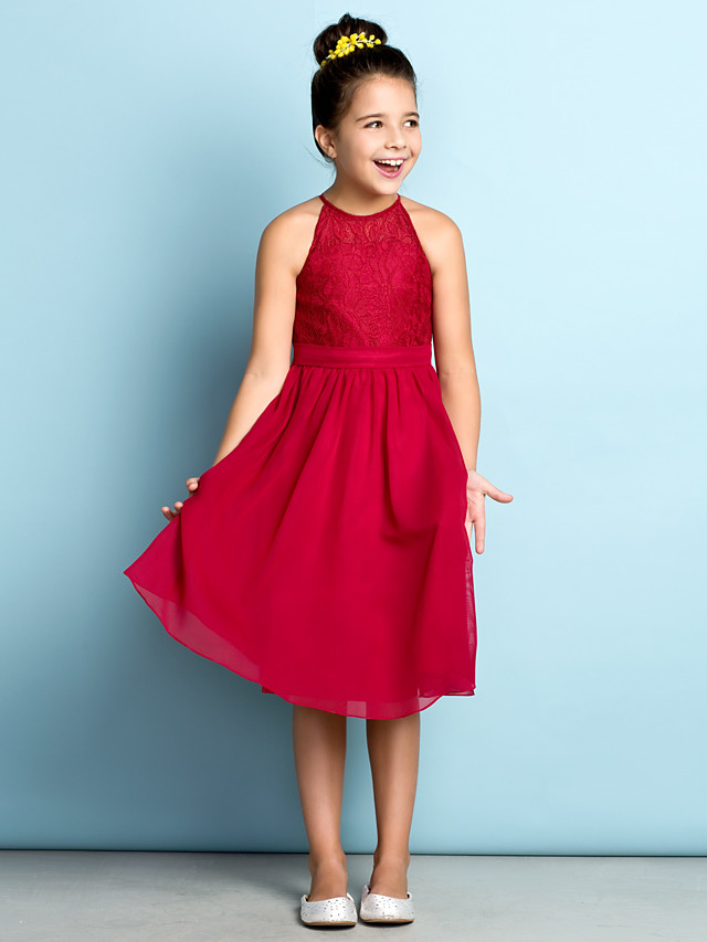 Daisda A-Line Jewel Neck Knee Length  Flower Girl Dress With Lace 