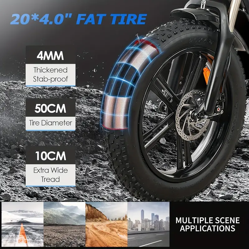 Bicicleta eléctrica con neumáticos gruesos Bicicleta eléctrica con motor sin escobillas de 750 W, batería extraíble   de     Ah, velocidad   de 20 mph, adecuada para deportes   y campamentos detalles 3