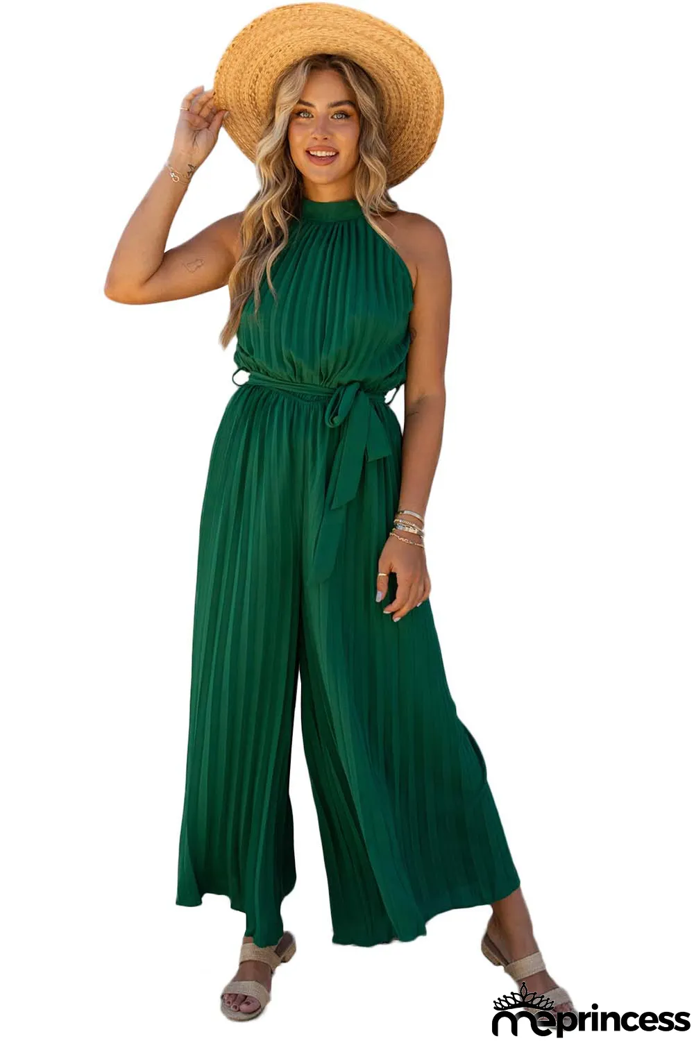 Green Halter Neck Pleated Wide Leg Jumpsuit with Belt