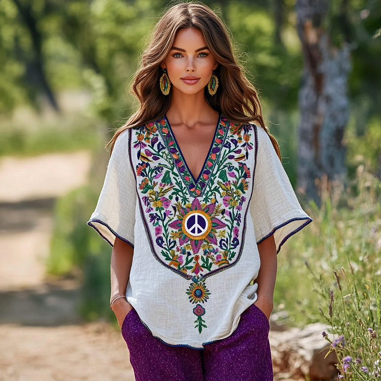 Women's Vintage Hippie Peace Symbol Linen T-shirt