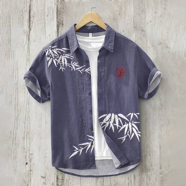 Japanese Art Bamboo Print Short Sleeve Linen Blend Shirt