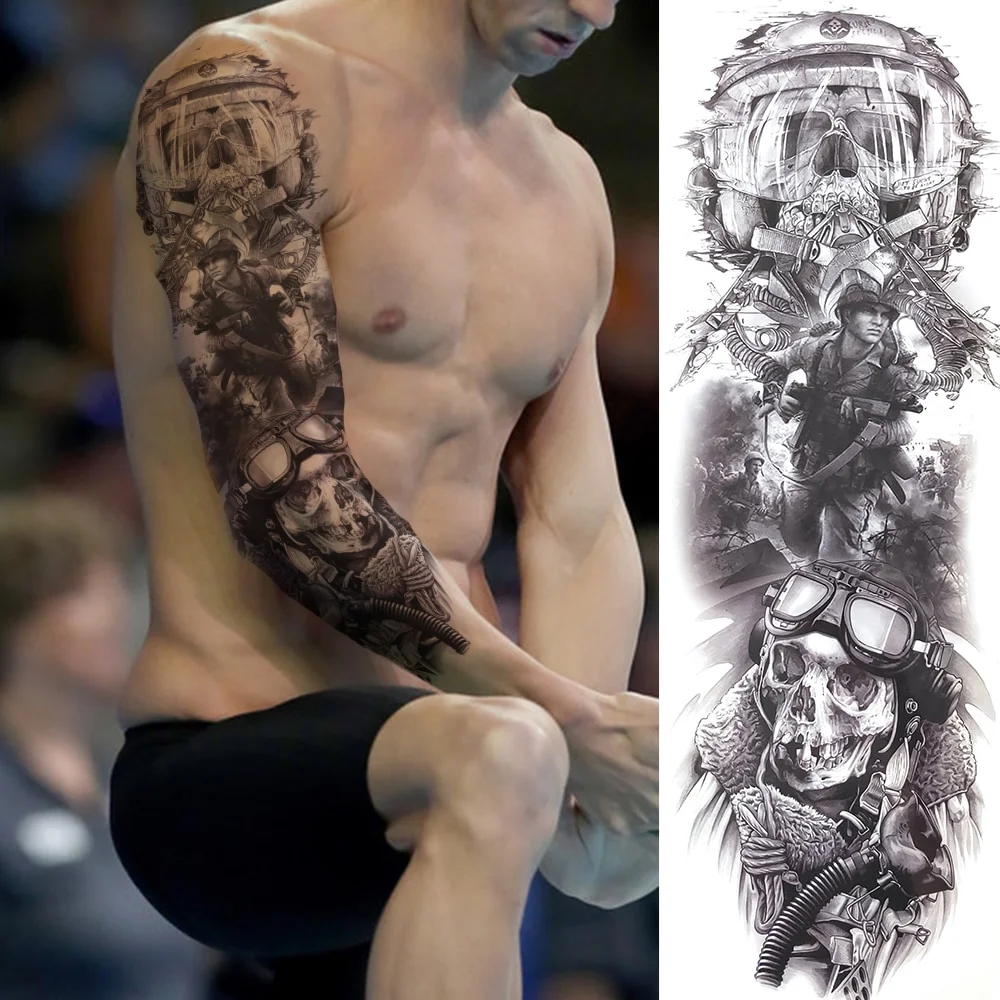 Sdrawing Temporary Tattoos Sleeve For Men Women Skeleton King Warrior Full Arm Tattoos Sticker War Black Fake Tatoos Long Sleeve