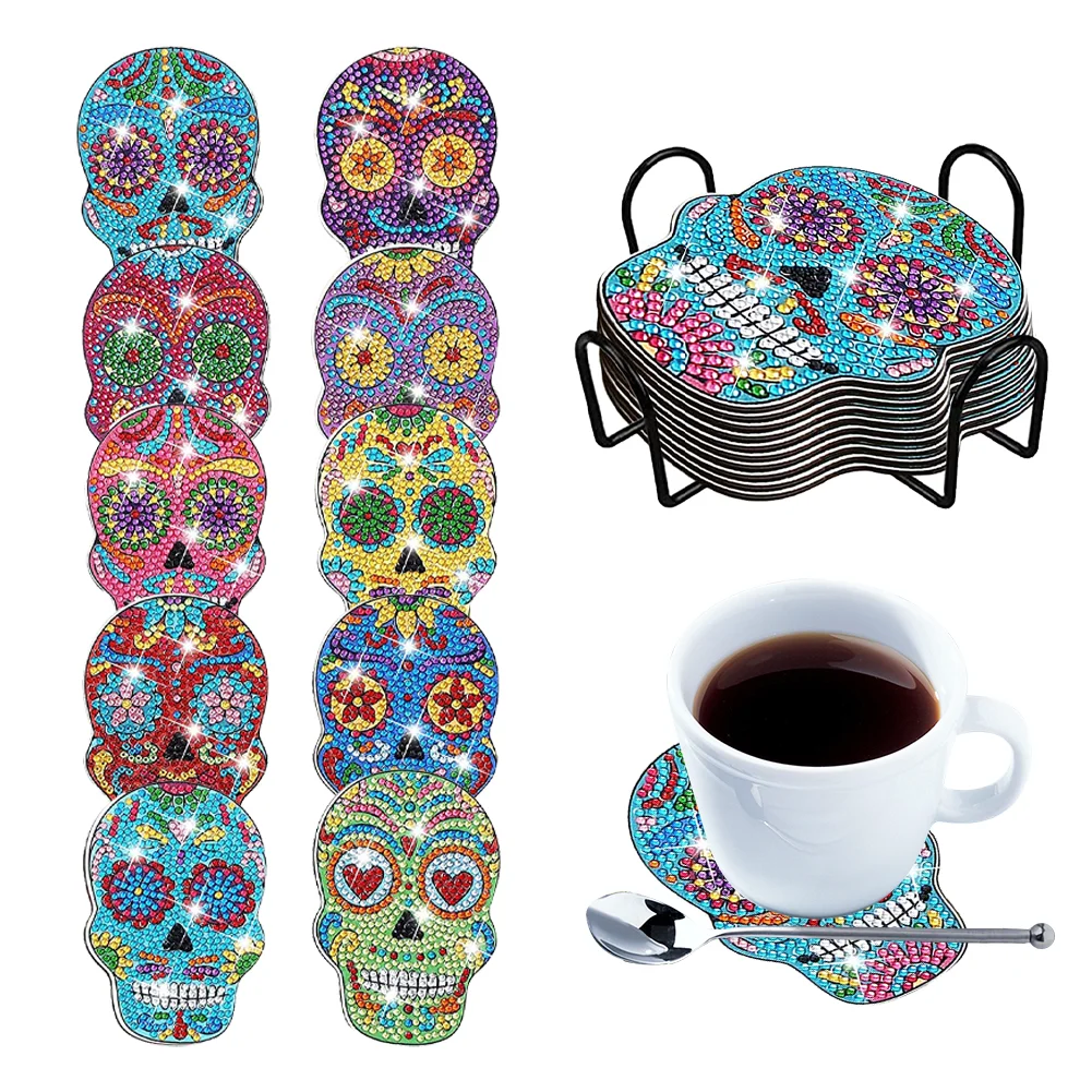 10pcs DIY Skull Diamond Crafts Coasters with Holder Acrylic DIY Coaster