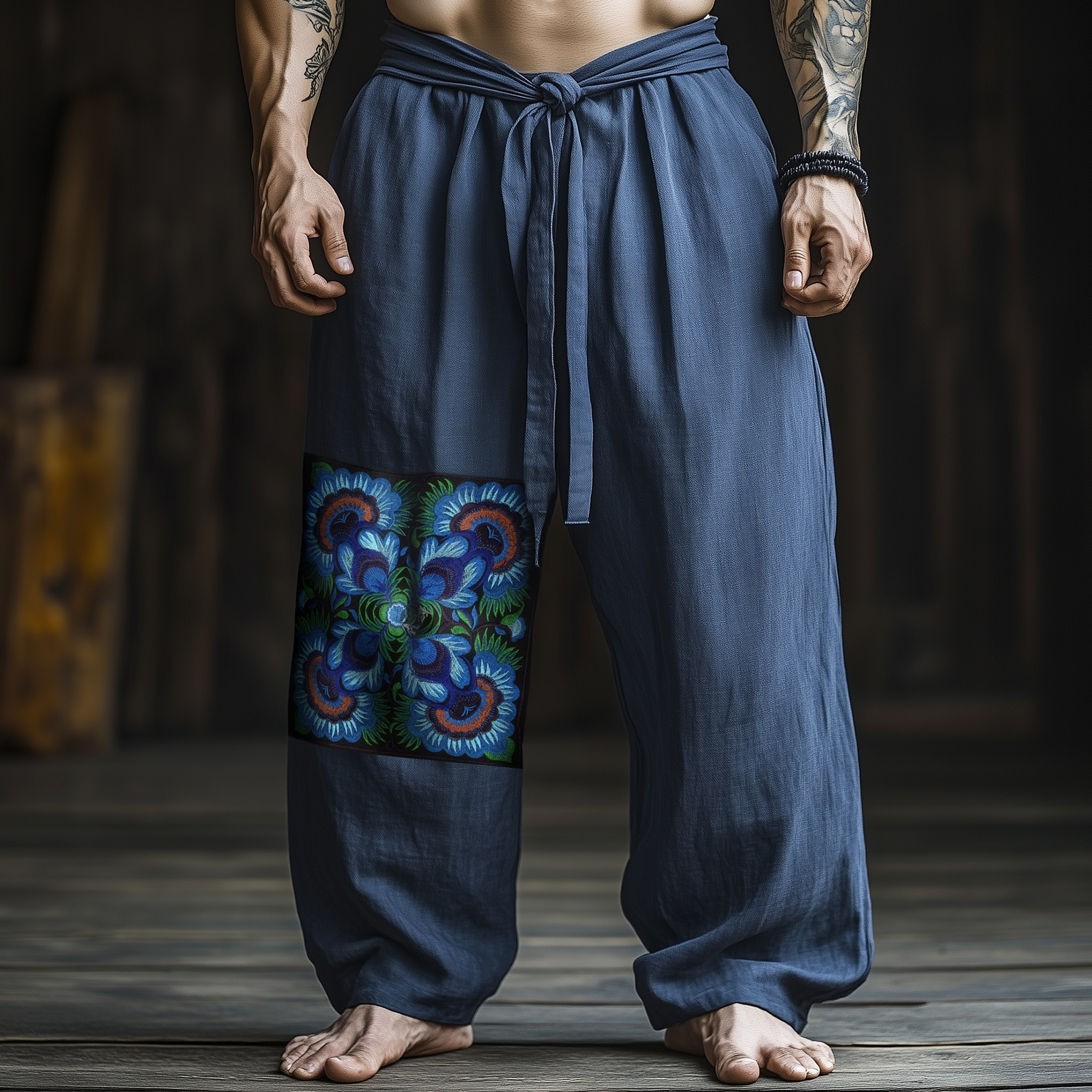 Men's Casual Cotton And Linen Embroidered Wide-leg Pants