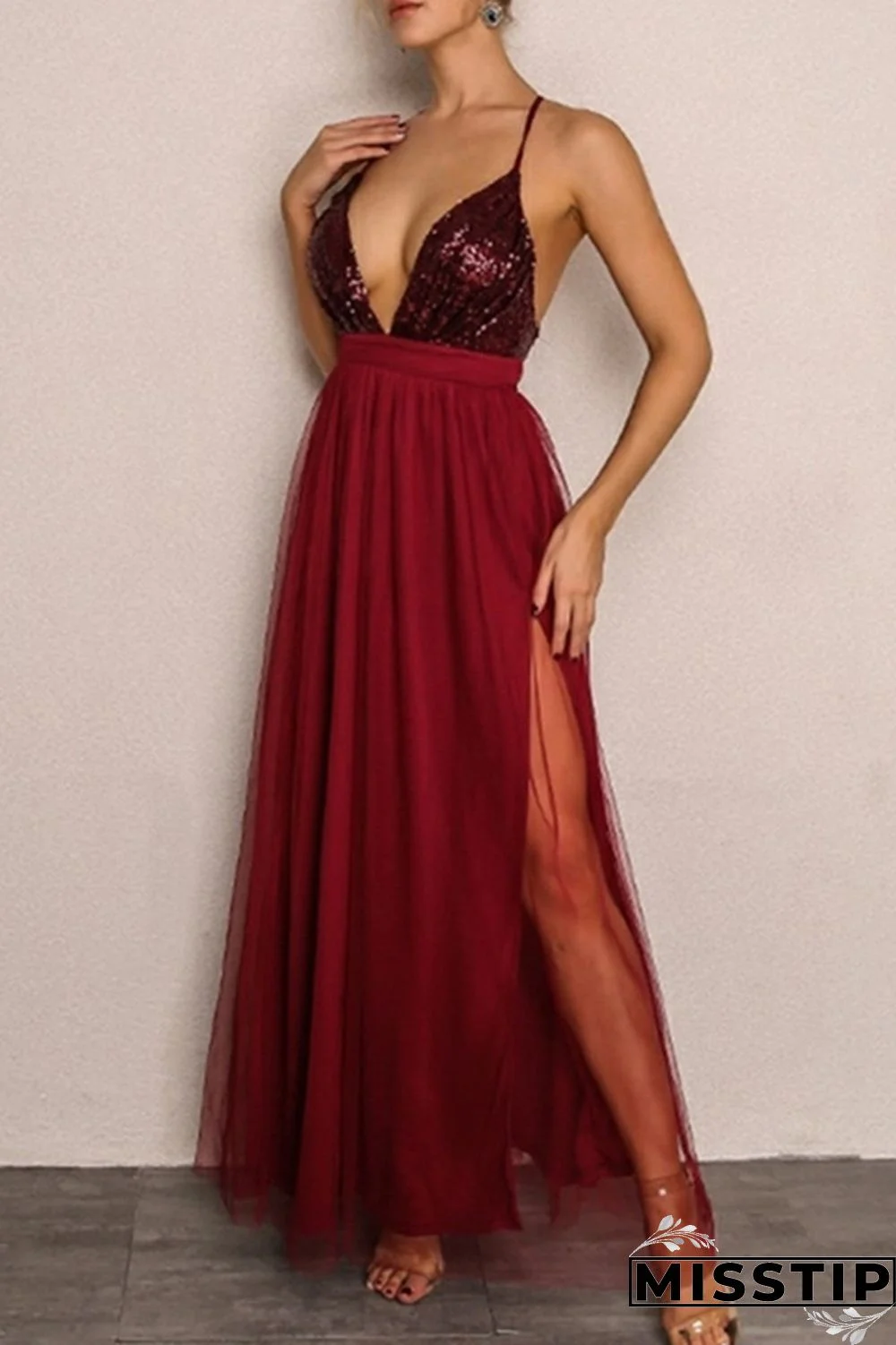 Burgundy Sexy Patchwork Sequins Backless Spaghetti Strap Long Dress