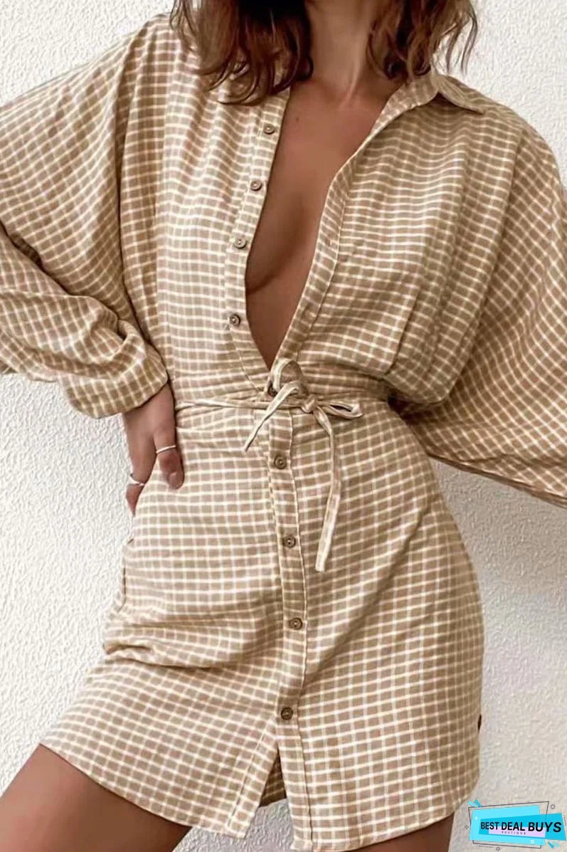 Fashion Elegant Plaid Frenulum Buckle Turndown Collar Straight Dresses