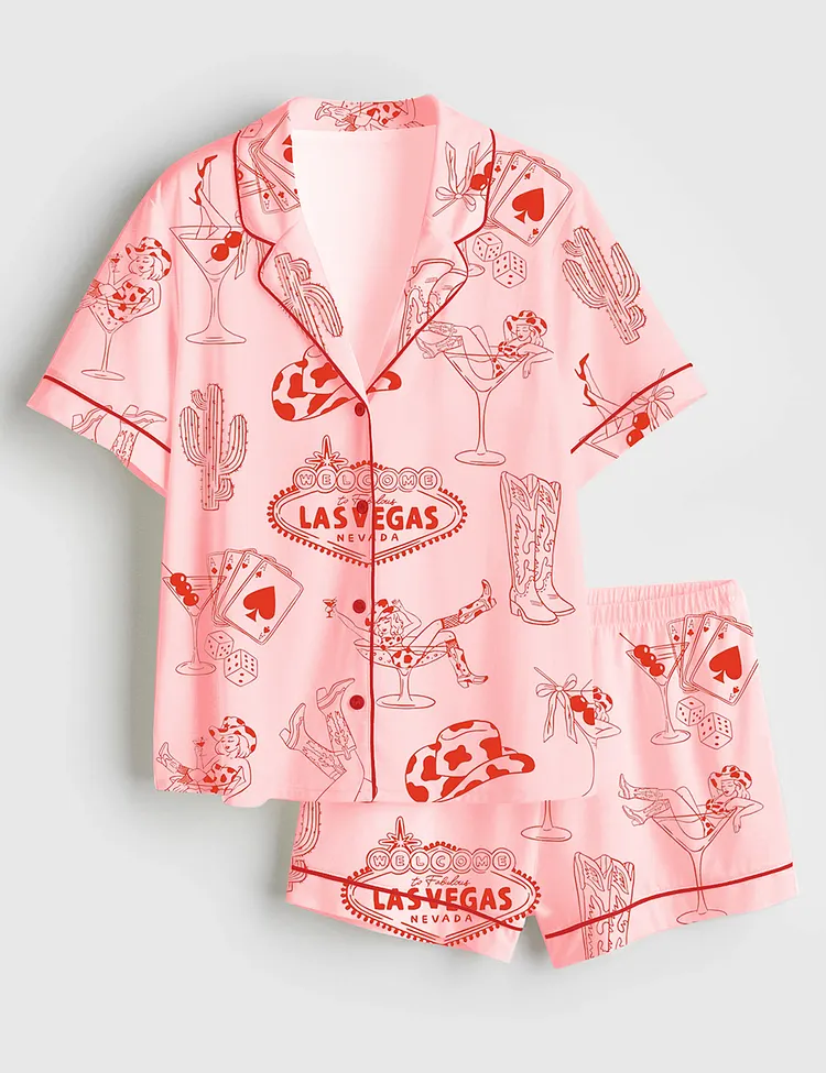Women&rsquo;s Hand Drawn Western Disco Cowgirl Boots Texas Las Vegas Bachelorette Party Print Short Sleeve Satin Pajama Set