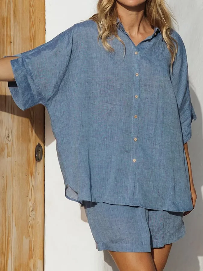 New Lady Spring And Summer Two -Piece Short -Sleeved Loose Casual Shirt And Shorts