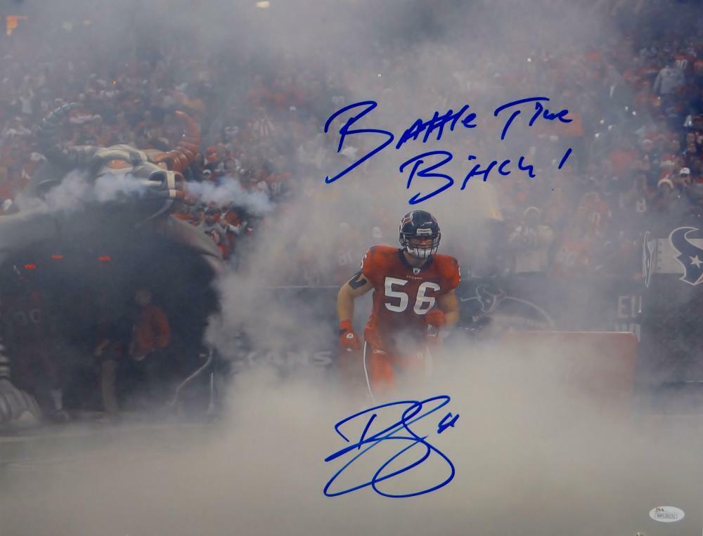 Brian Cushing Signed Texans 16x20 In Smoke Photo Poster painting W/Battle Time Bitch- JSA W Auth