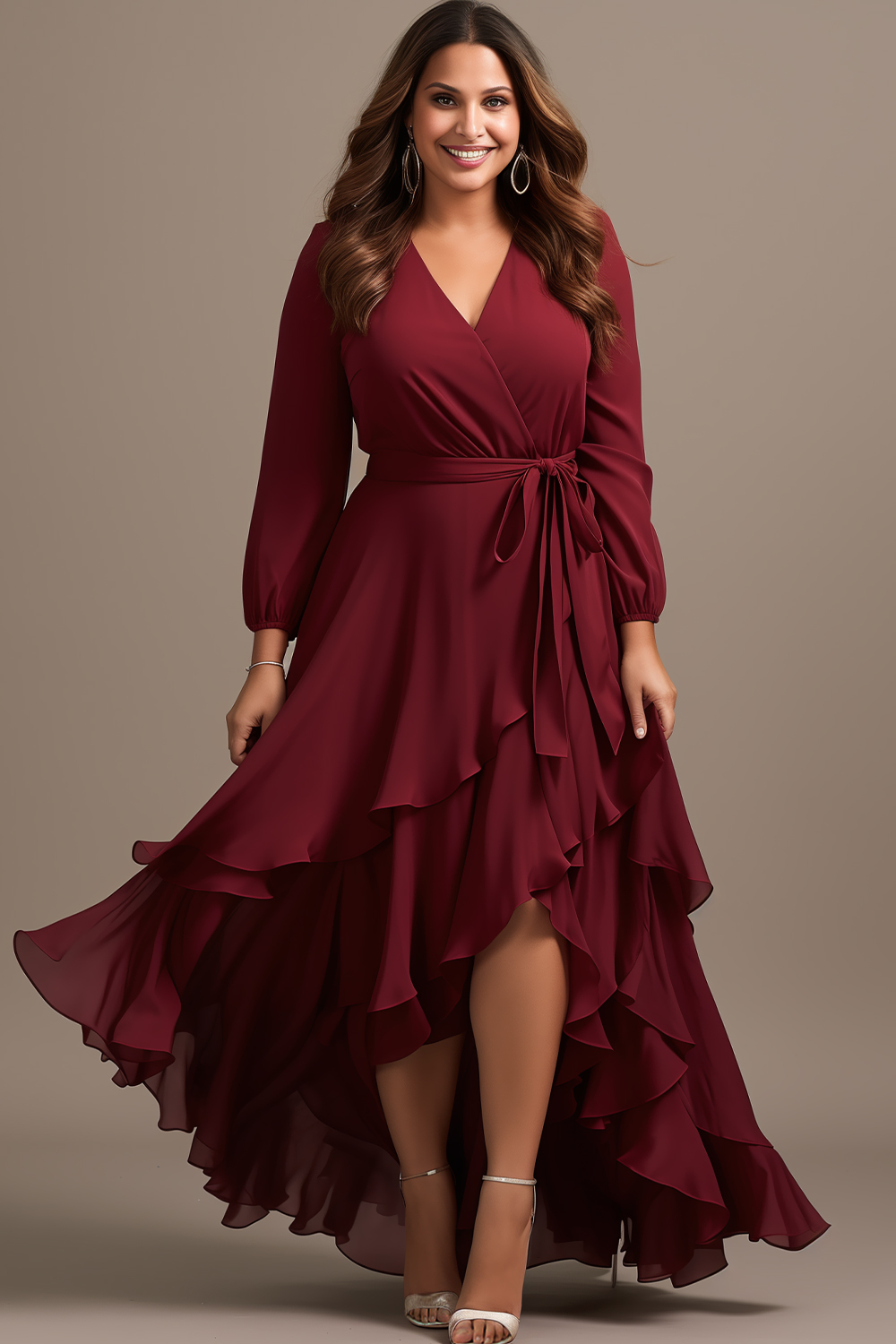 Flycurvy Plus Size Wedding Guest Red Chiffon Wrap Irregular Hem Lantern Sleeve Maxi Dress