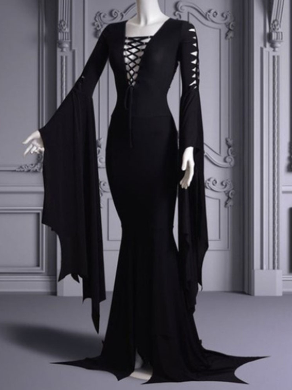 Goth Vintage Lace Up V Neck Long Sleeve Bodycon Dress