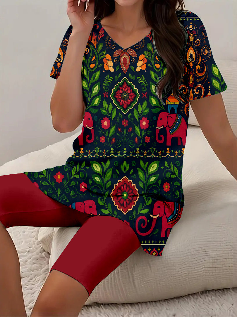 Women Long Sleeve V-neck Graphic Floral Printed Top