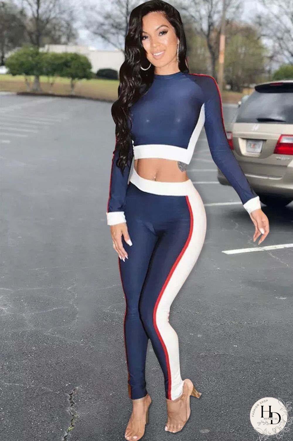 Navy Blue Elastic Fly Long Sleeve Mid Patchwork pencil Pants Two-piece suit