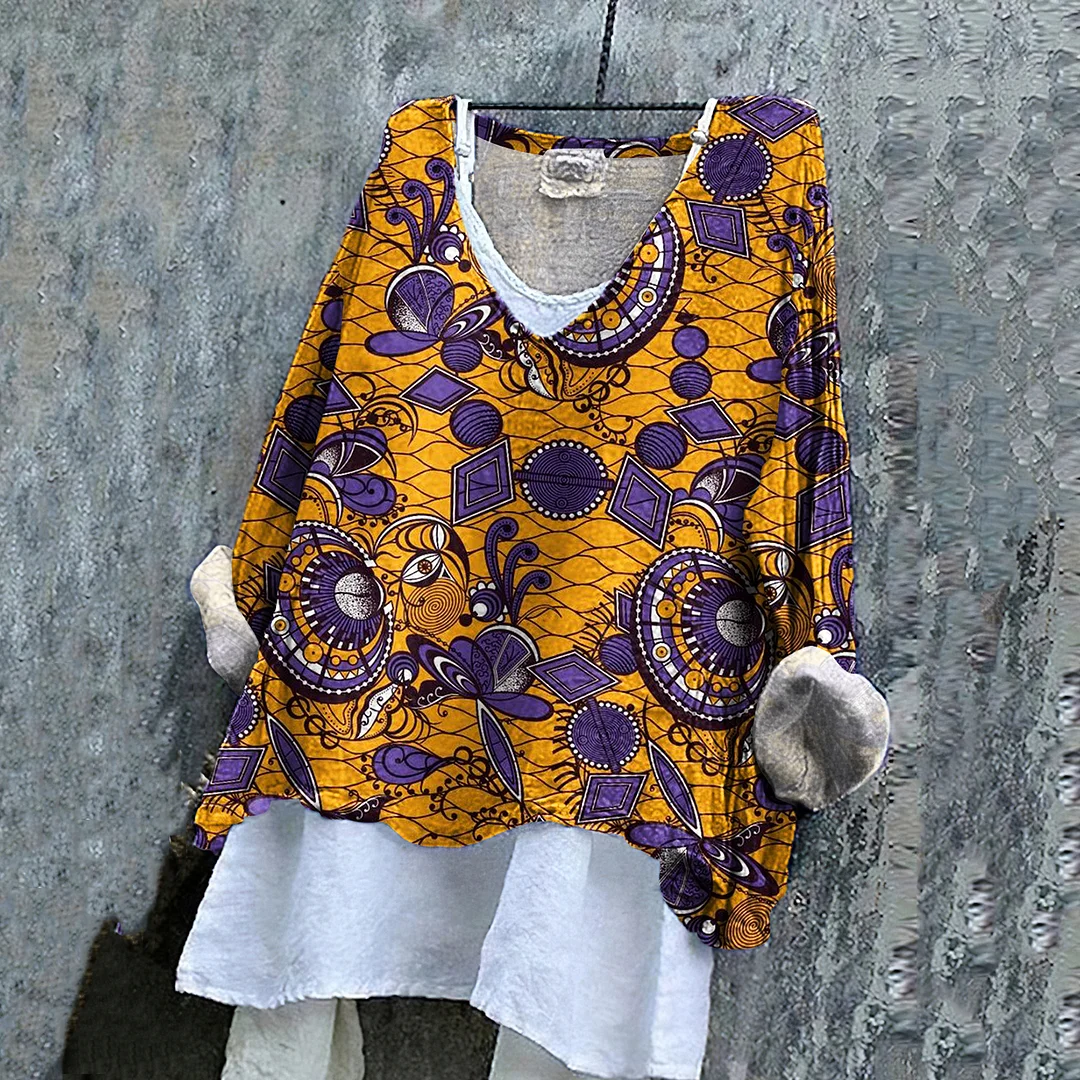 African Art Print V-neck Linen Blend T-shirt