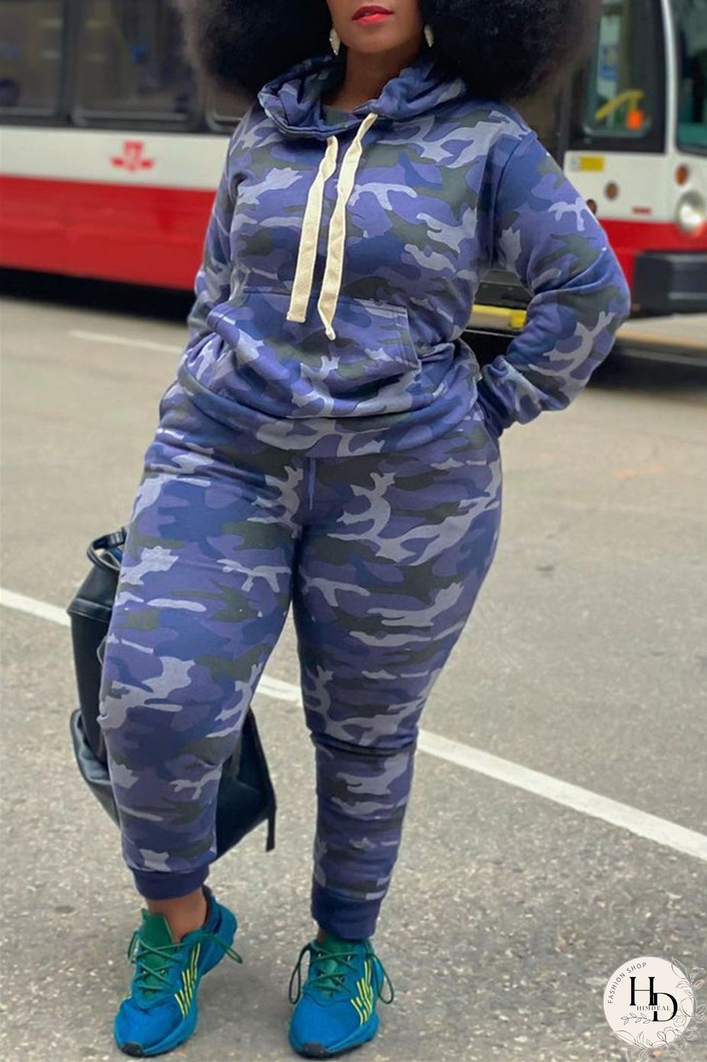 Camouflage Fashion Casual Camouflage Print Basic Hooded Collar Plus Size Set