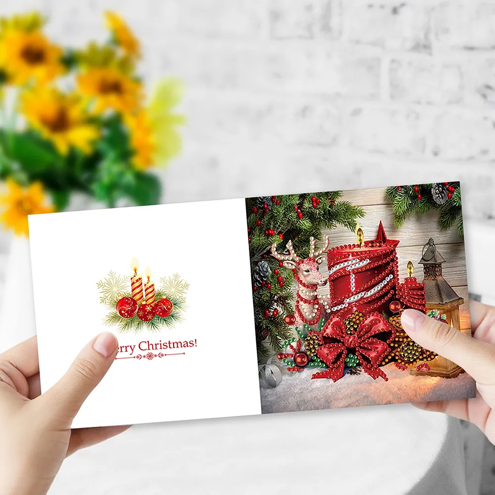 6pcs DIY Christmas Reindeer Candle DIY Diamond Painting Card for Friends Family Gift【With White Envelope】