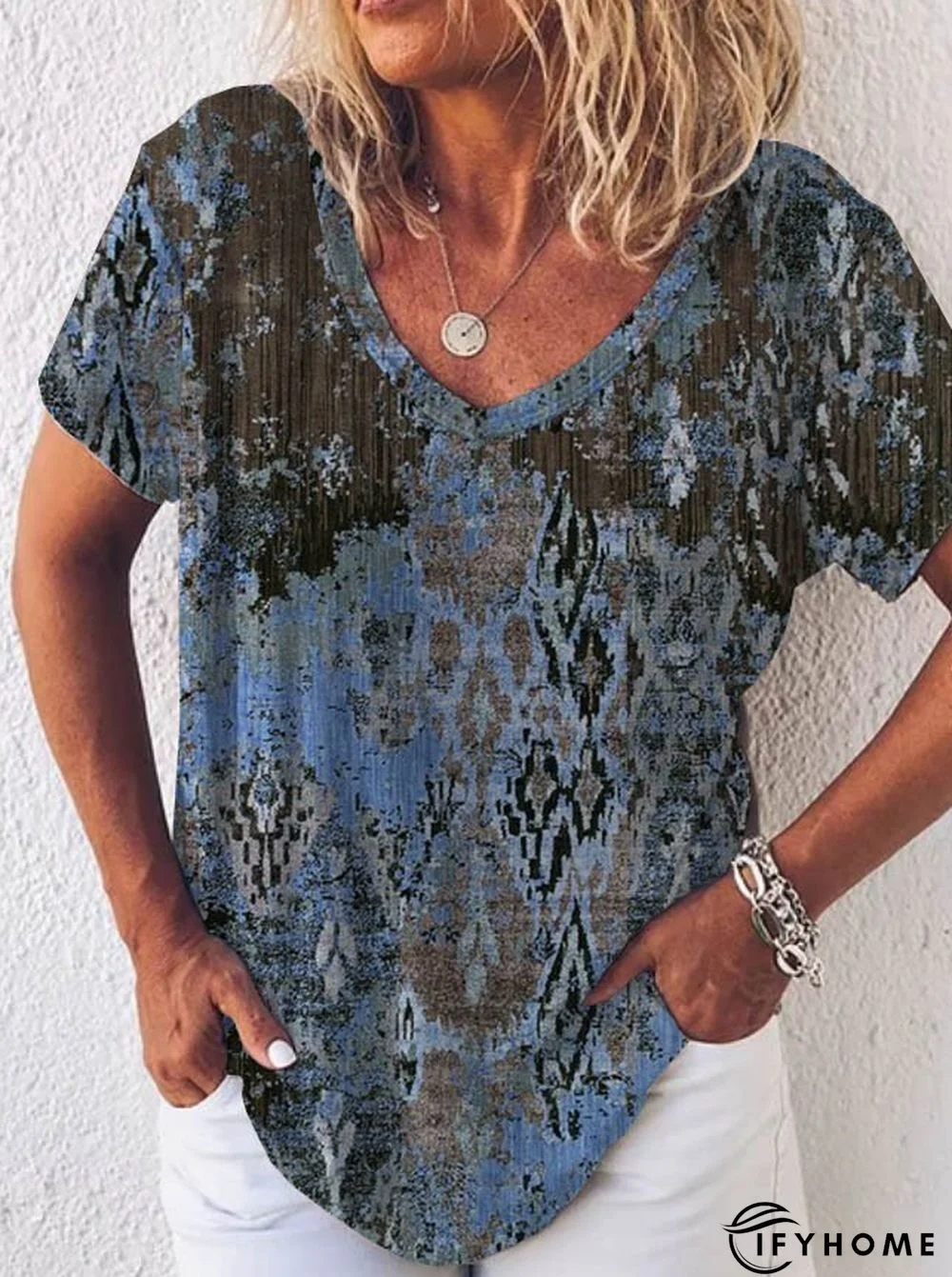 Paisley Short Sleeve Printed  Cotton-blend  V neck Boho Summer Blue Top | IFYHOME