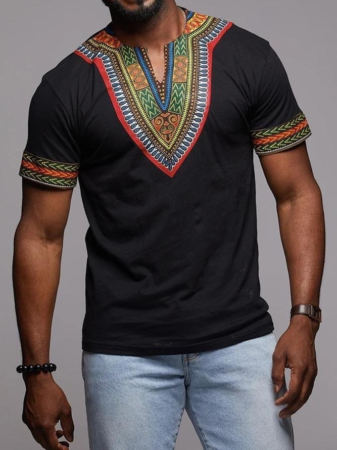 National style solid color printing V-neck short-sleeved loose men's T-shirt tops for men