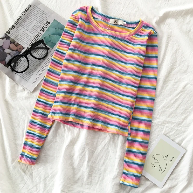 Tanguoant Women Long Sleeve T-shirt Striped Colorful Rainbow O-Neck Female Leisure Trendy Chic All-match Warm Lovely Basic Soft Fashion