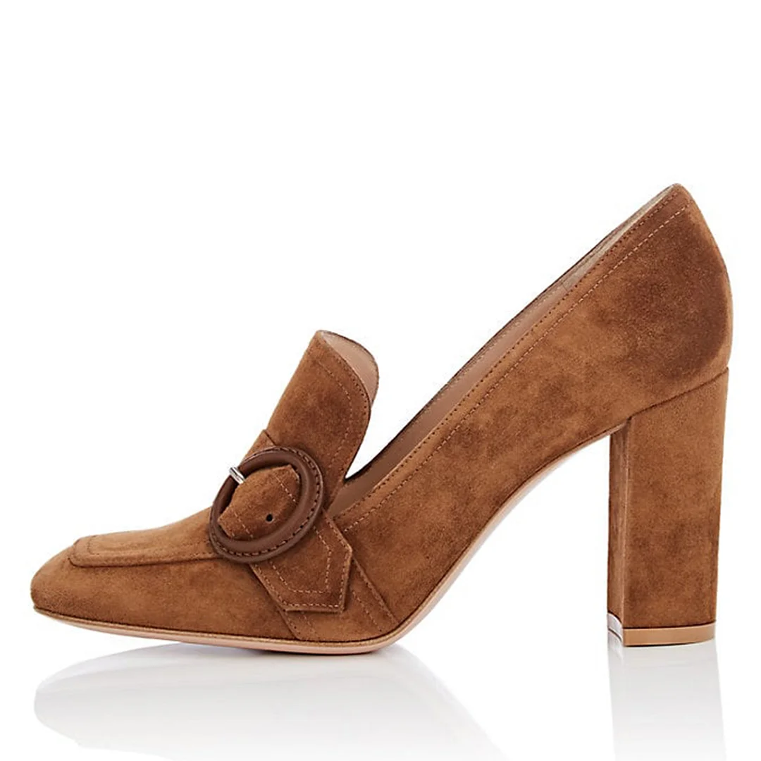 Faux Suede Square Toe Buckle Inlay Brown Loafers with Block Heel