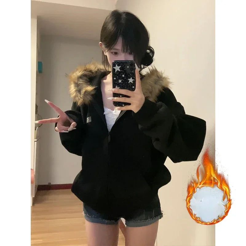 Aiertu Black Zip Up Hoodies Women Vintage Preppy Style Faux Fur Coat Korean Oversized Casual Sweatshirt Harajuku Autumn Winter Aiertu