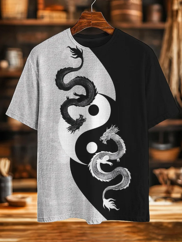 Men's Yin And Yang Dragon Print Casual T-Shirt
