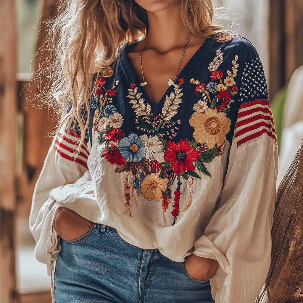 Comstylish Vintage American Flag Floral Embroidery Cotton And Linen V-neck Shirt