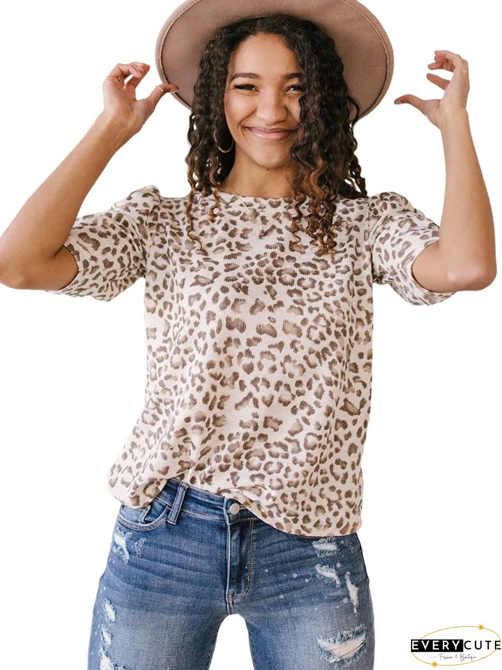 Leopard Print Ruched Sleeve Textured Multicolour Tee
