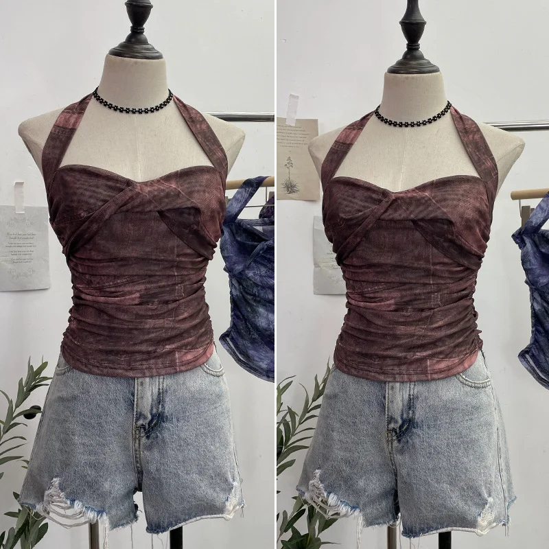 Uveng Solid Shot Tie-Dye-Dyed Denim Print Folding Mesh Sling Sling Sling Neck With Bow Striped Backwear 9921