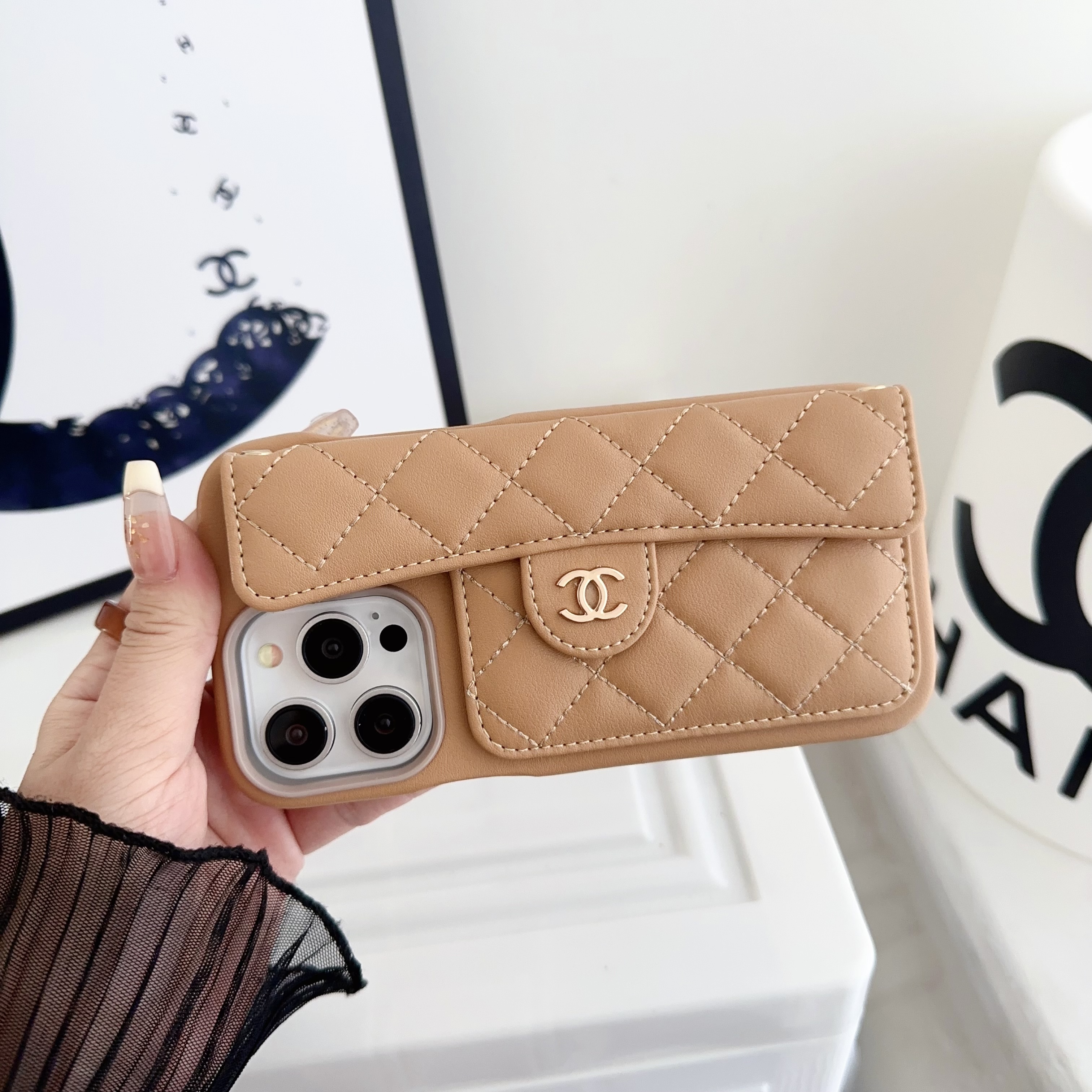 Chanel Official Hand Chain Cardholder Leather iPhone Case Crossbody Cord