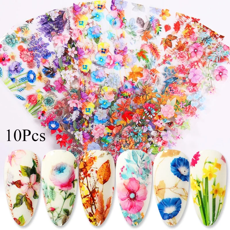 10pcs Magic Effect Angel Leopard Nail Foils Marble Autumn Slider Flowers Stickers For Acrylic Designs Nail Art Decoration-Nail Inspo