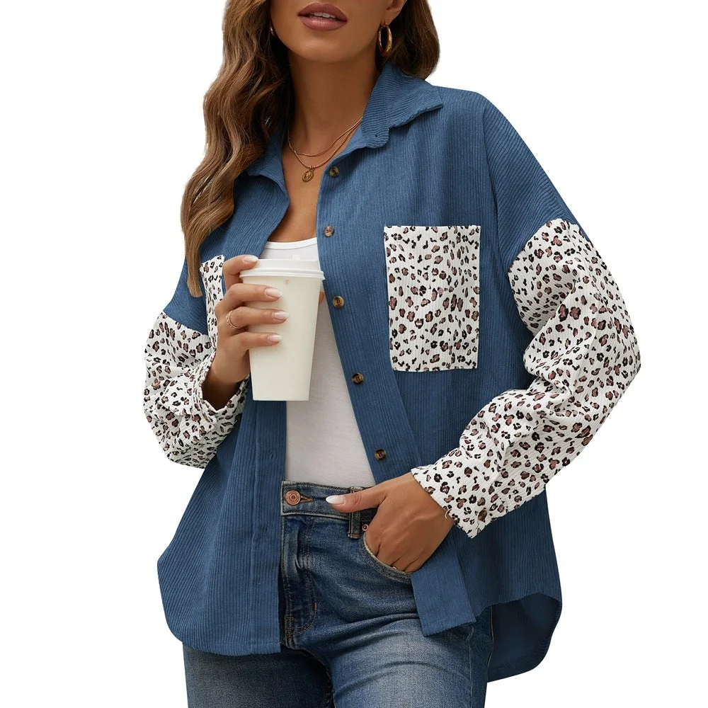 Women's Jacket Leopard Print Stitching Corduroy Casual Shirt