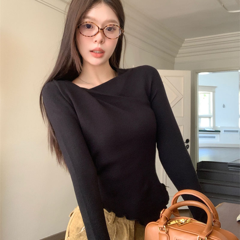 OLCooL Korean Long Sleeve T Shirt Women Autumn Winter Chic Irregular Knitted Slim Tops Fashion Casual All Match Red Bottoming Shirt New olcool