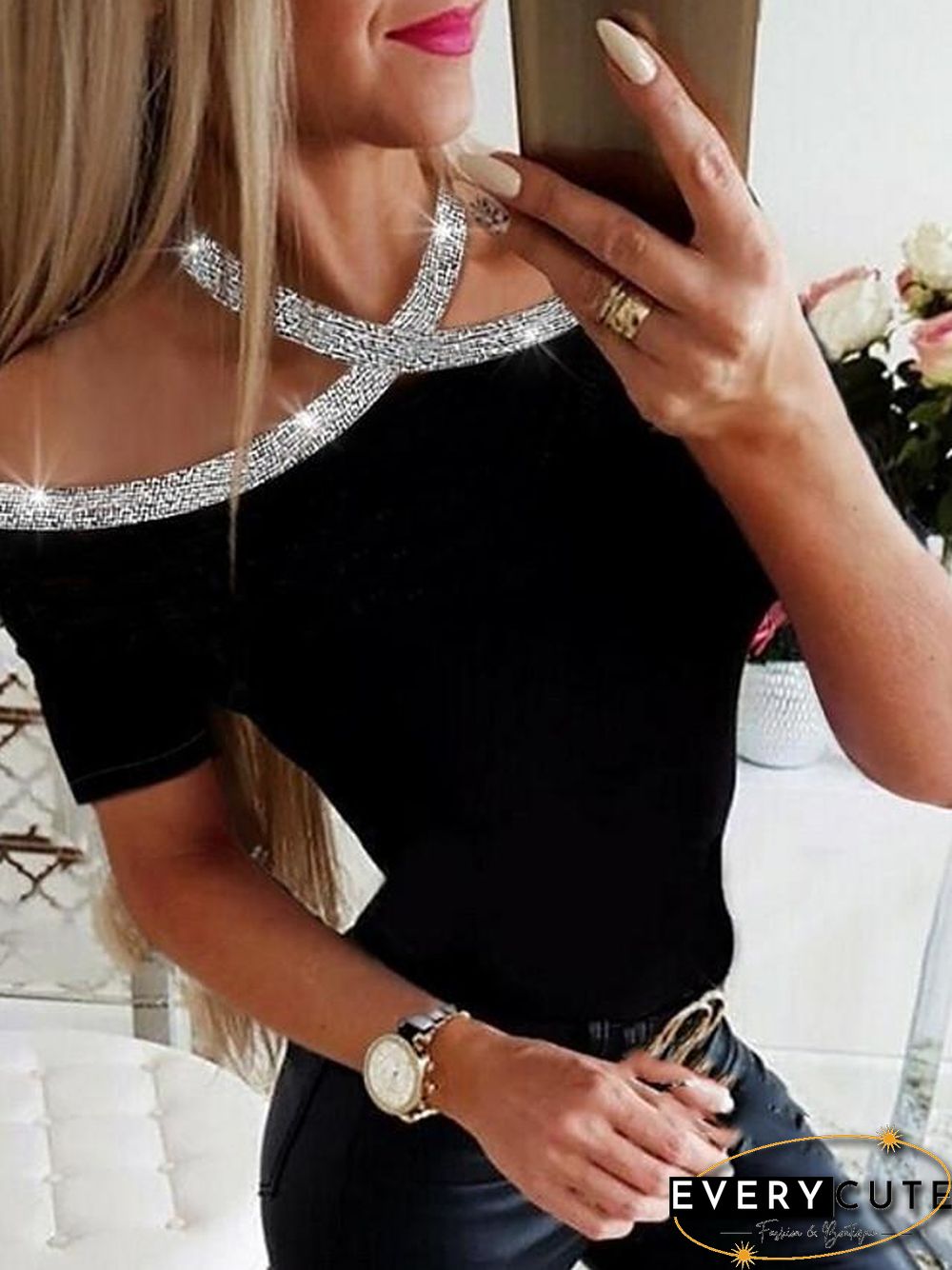 Women's T shirt Solid Colored Round Neck Tops Basic Top Black Wine Royal Blue-830