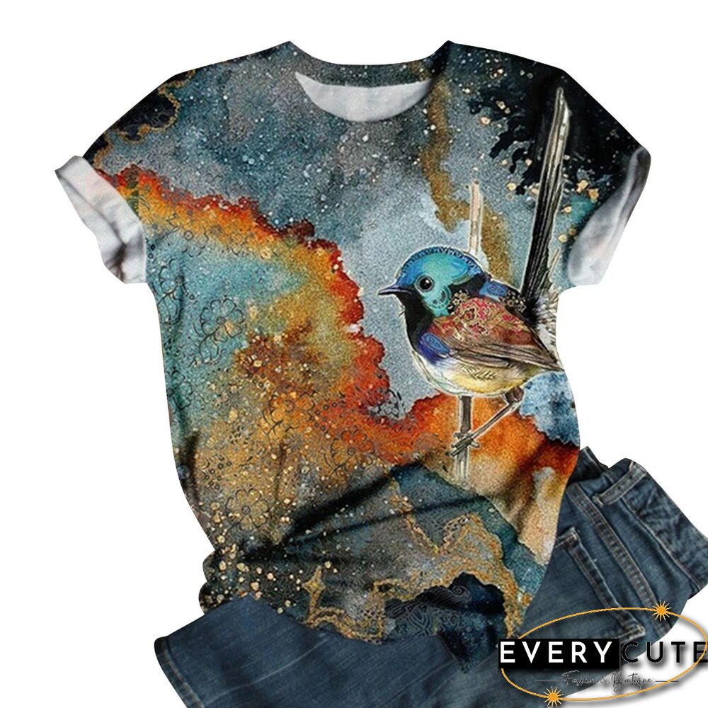 Summer Women New Fashion Bird Printed T-Shirts Short Sleeve Loose Tops Round Neck Harajuku Summer Ladies Shirts Streetwear D30