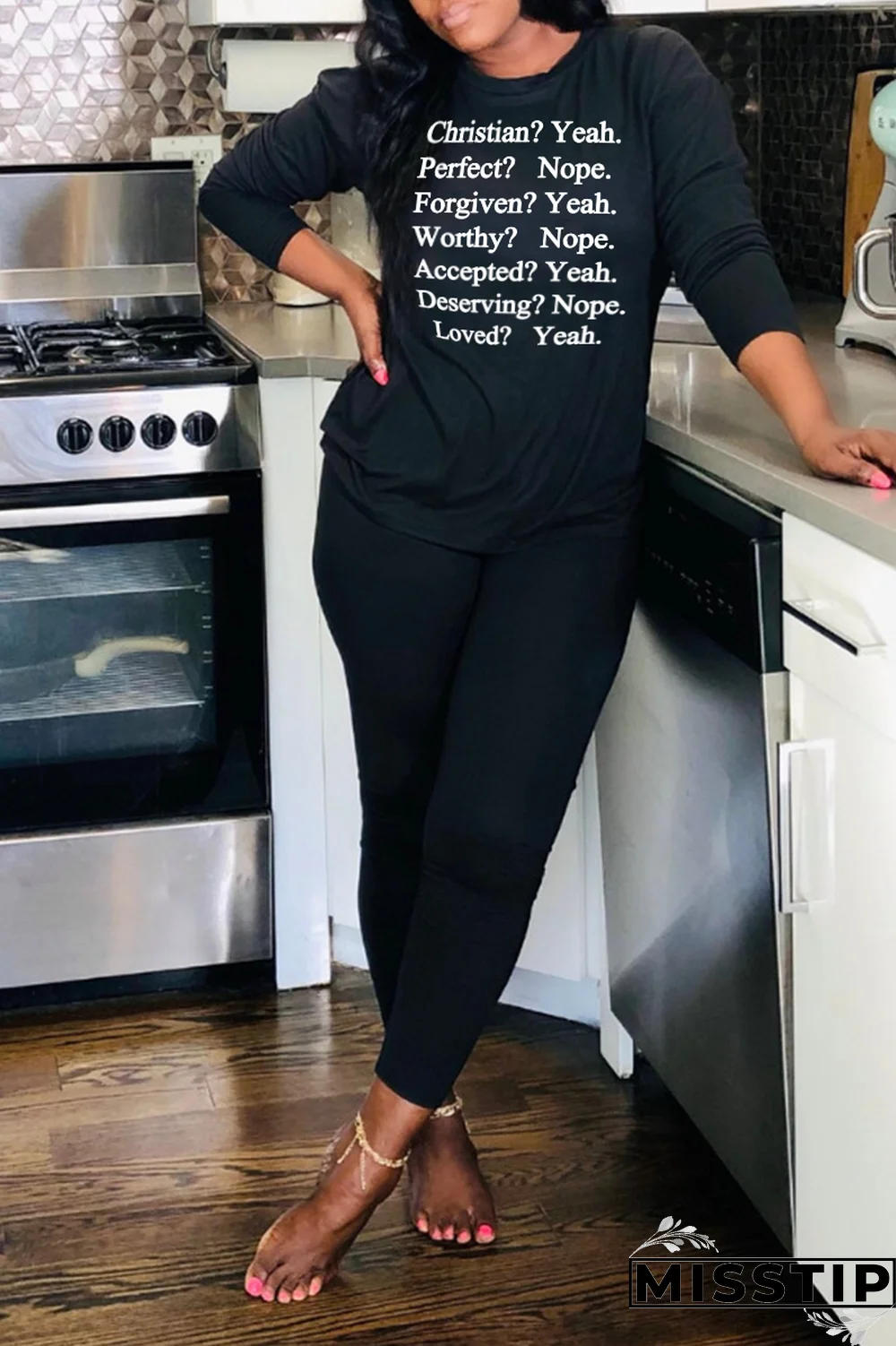 Black Street Letter O Neck Tops