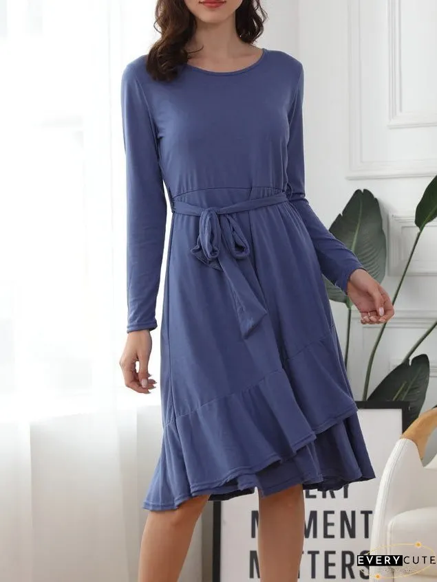 Dresses Solid Tie Crew Neck Long Sleeve Ruffle Dress for Women