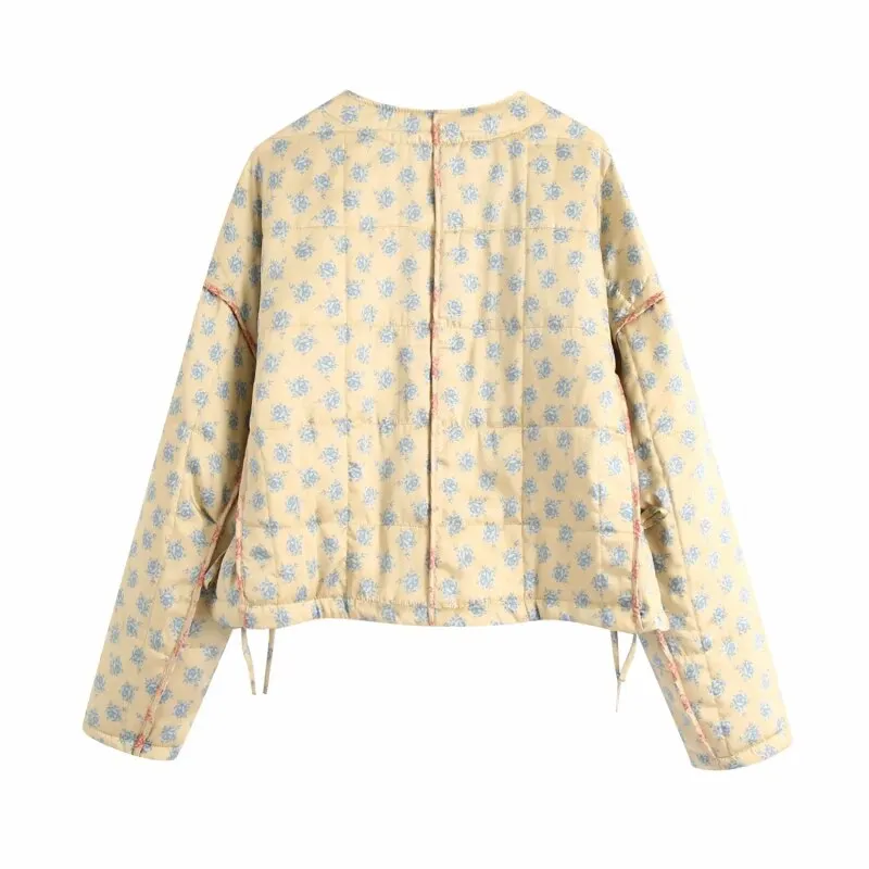 Vintage Chic Floral Print Side Bow Tie Quilted Coats Women Fashion O-Neck Button-up Cropped Jacket Casual Female Outerwear