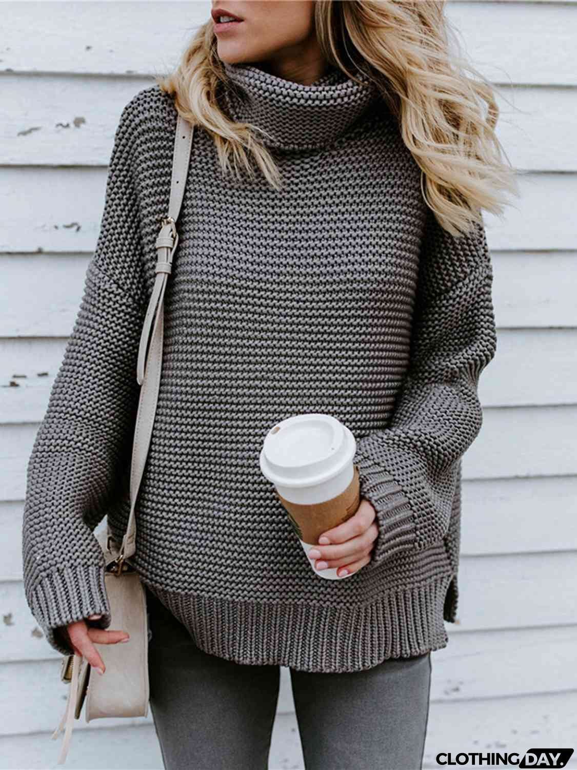 Turtleneck Dropped Shoulder Slit Sweater