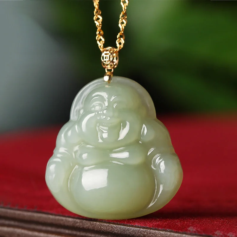 925 Sterling Silver Laughing Buddha Cyan Jade 18K Gold Success Necklace Pendant
