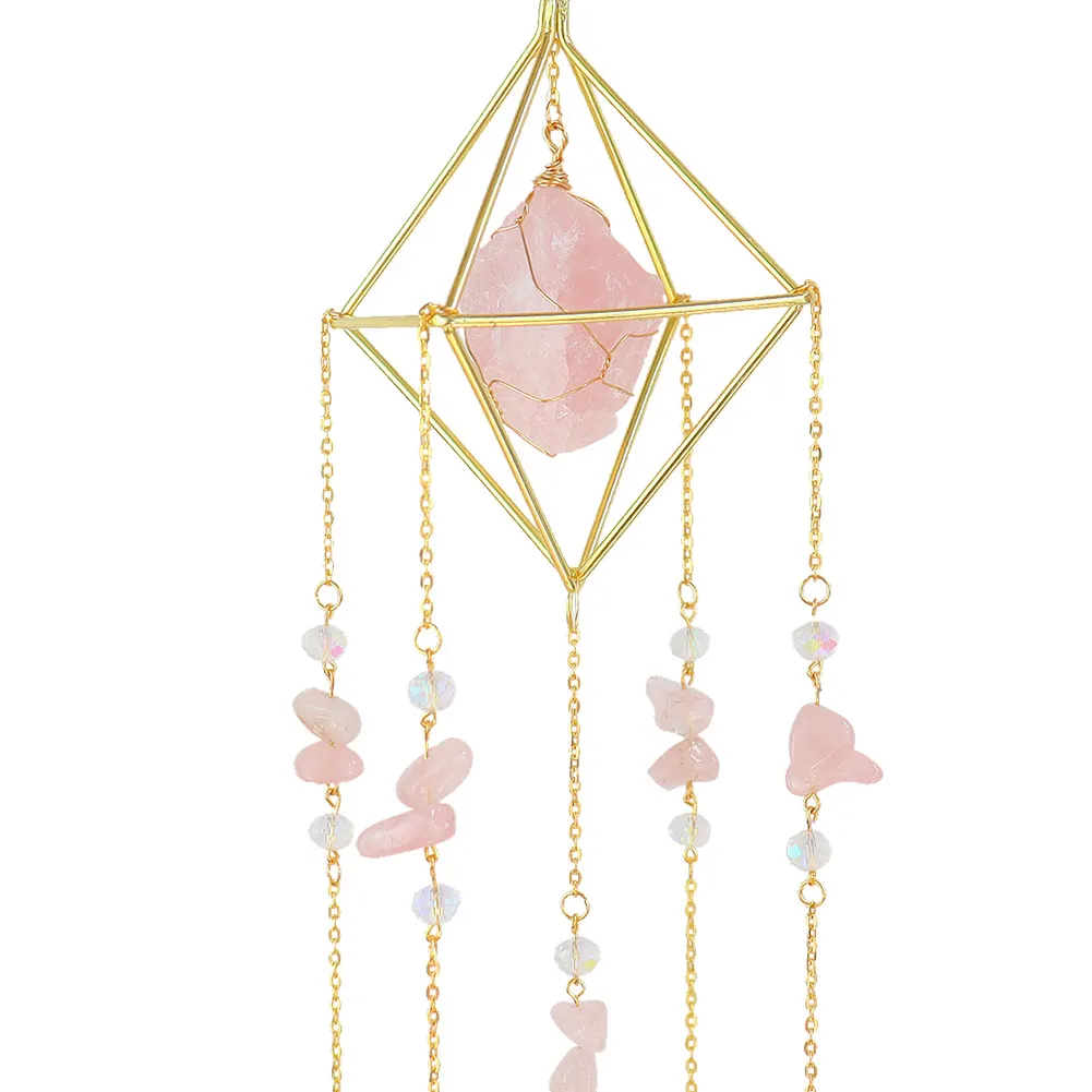Crystal Wind Chimes Natural Stone Prism Light Catcher Garden Decor (Pink)