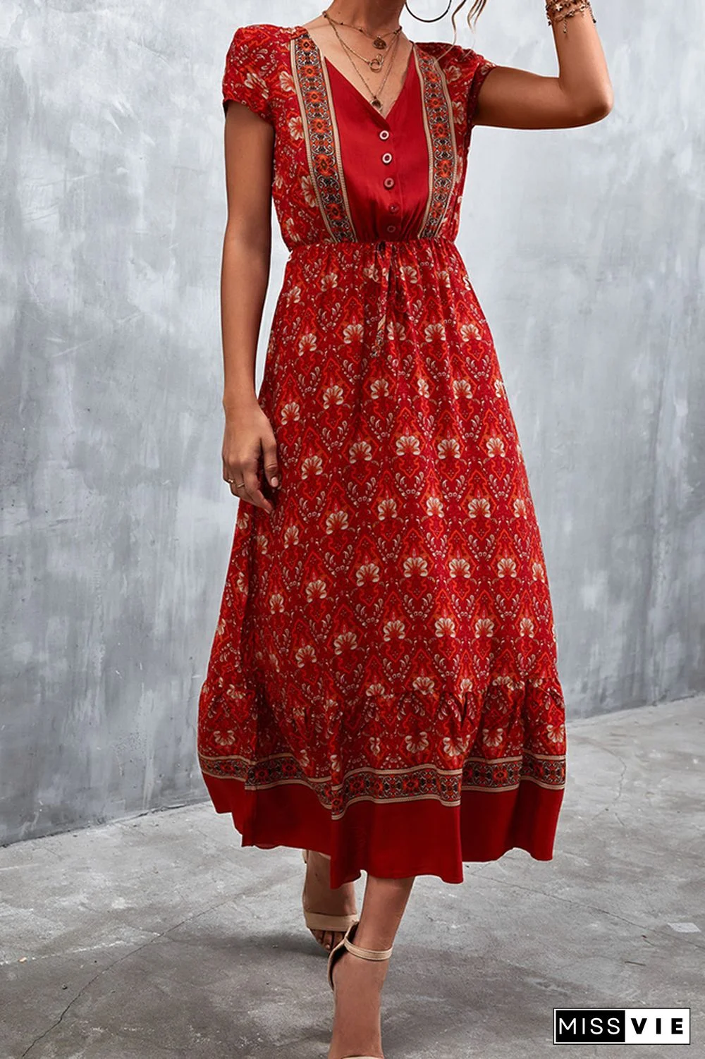 Floral Print Short Sleeve Long Dress Wholesale