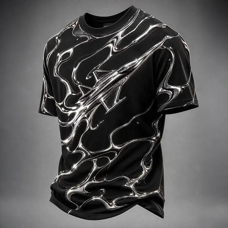 Men's Metallic Liquid Chrome Fluid Art Print Short Sleeve Shirt