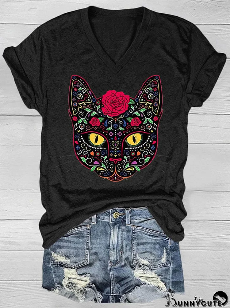 V-neck Day of the Dead Cat Sugar Skull T-Shirt