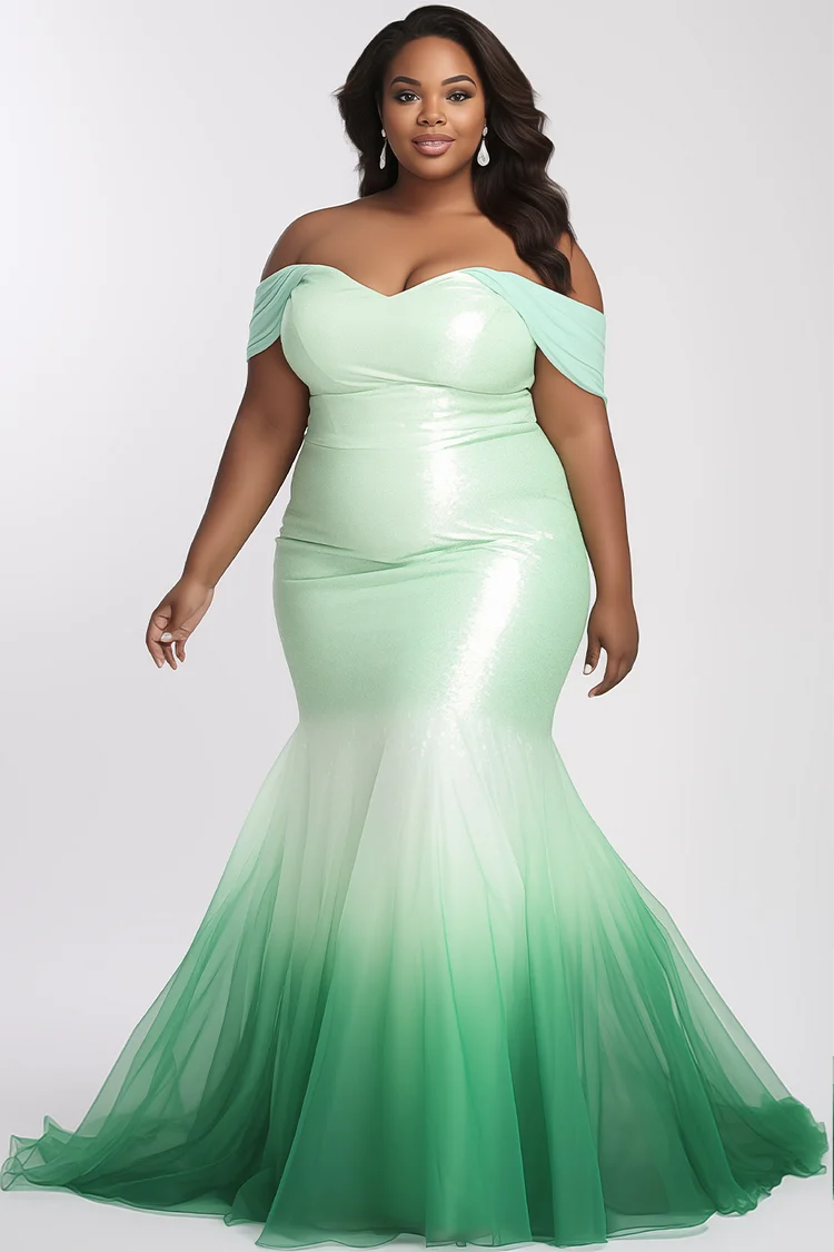 Xpluswear Design Plus Size Formal Sage Green Gradient Off The Shoulder Mermaid Contrast Tulle Maxi Dresses [Pre-Order]
