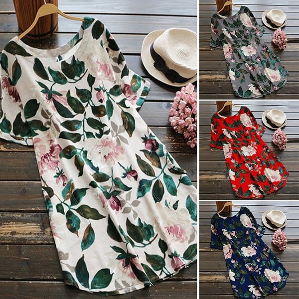 Casual Women Crew Neck Short Sleeve Leaf Printed Loose Mini Dress Summer