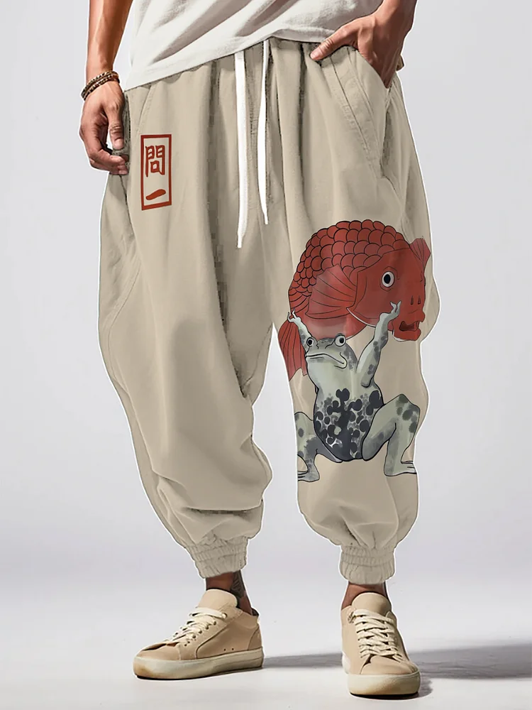Men's Japanese Art Koi Fish Frog Graphic Print Loose Drawstring Waist Sweatpants
