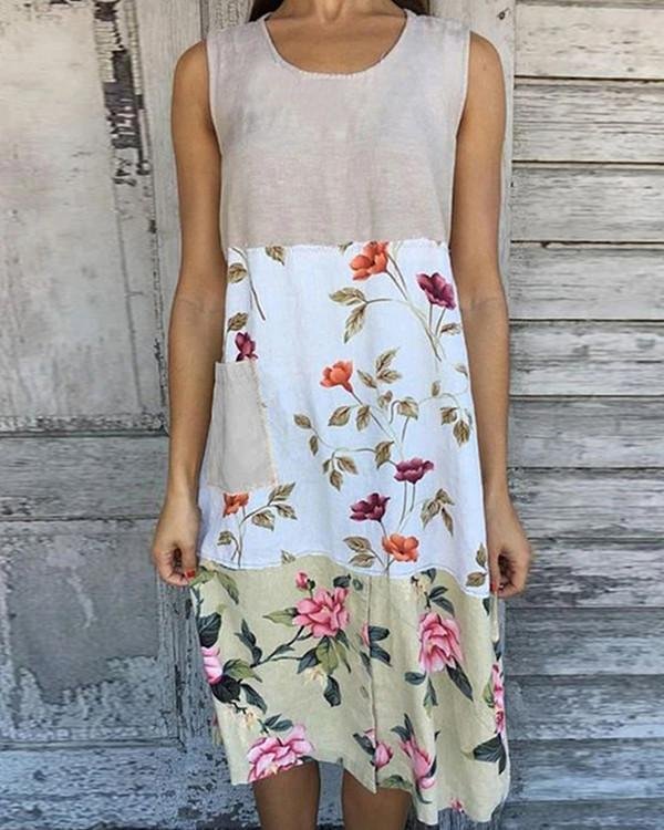 color block floral print sleeveless paneled vintage midi dress p267601